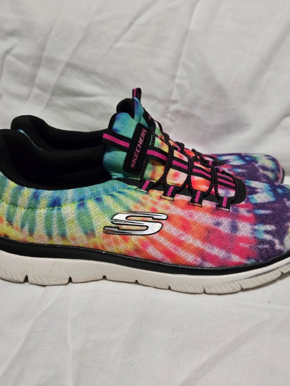Skechers Summits Rainbow Tie Dye Black Multi Slip On Bungee Sneakers 8.5